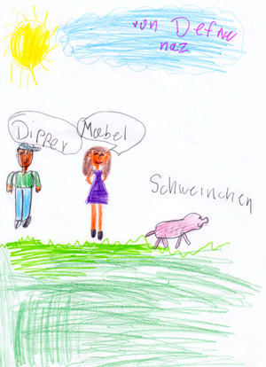 Zeichnung von Defne, 2 Menschen und Schwein