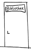 Teil von Zeichnung Startseite: Tür Bibliothek als Link zur Kinder-Bibliotheksseite